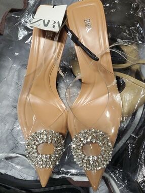 Zara Nude Clear Pointed-Toe Slingback Mules with Crystal Rosette